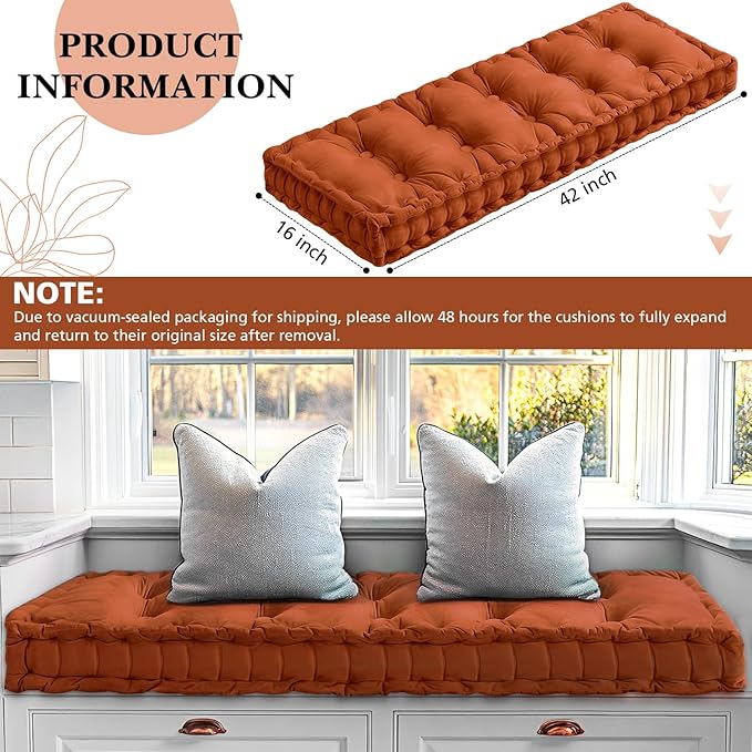 Bench Cushions for Indoor Furniture 42x16 in Velvet Kitchen Dining Piano Window Seat Cushion, Tufted Patio Porch Swing Thicken Bench Pad Memory Foam(Cinnamon)