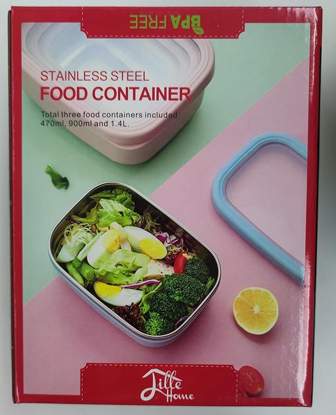 Lille Home Leak Proof Salad Container Stainless for Lunch - Snack Containers Steel - Ideal for Educational Settings & Daycare - Nesting Trio with Silicone Lids - 47oz+30oz+16oz - Grey