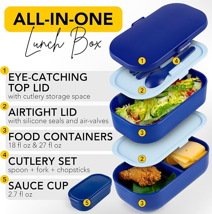 Insulated Stackable Bento Box for Adults with Reusable Chopsticks Japanese Lunch Box Microwavable & Leak Proof Lunch Containers for Men & Women Modern Cute Food Container with Compartments (Blue)