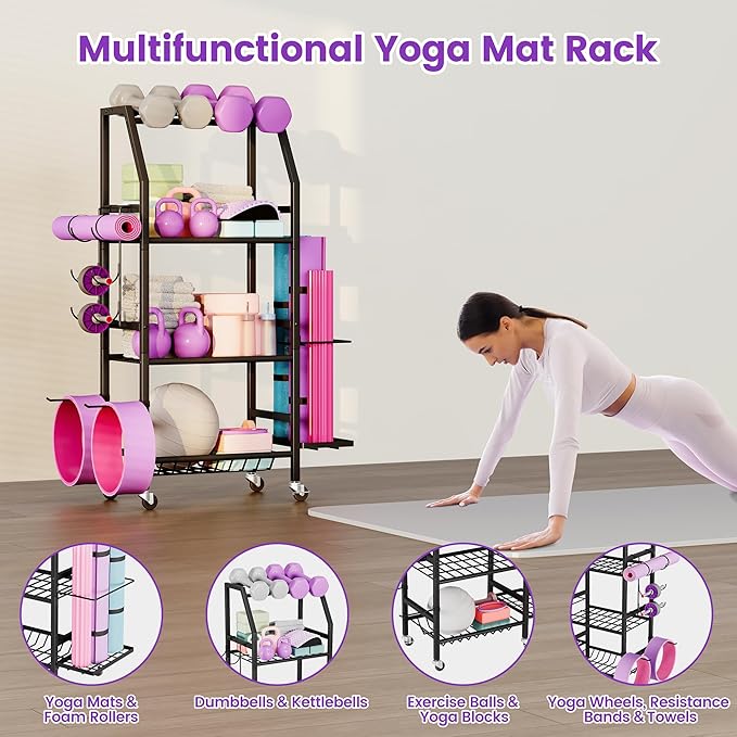 Homeiju Dumbbell Rack, Weight Rack for Home Gym, Yoga Mat Storage Holder with Lockable Wheels, Dumbbell Stand with Hooks, All in One Work out Equipment Storage for Yoga Mat Dumbbell and Balls