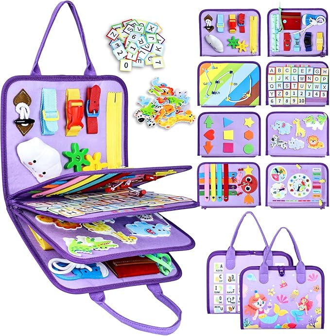 Esjay Toddler Busy Board Montessori Toys for Girls, Sensory Board Educational Activities Learning Fine Motor Skills, Birthday Gifts for Girls Toddlers, Travel Toys for Airplane Car, Purple Merpeople