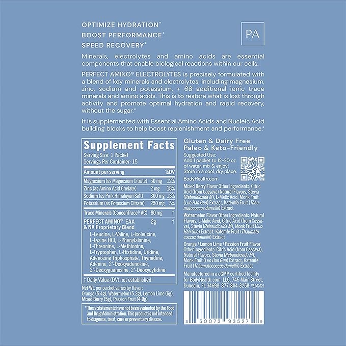 BodyHealth PerfectAmino Electrolyte Drink Mix – Variety Pack– No Sugar, Keto & Fasting Friendly, Hydration with Trace Minerals – Stick Packs