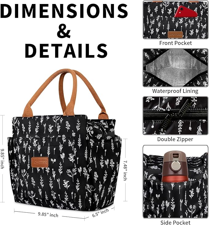 Joymee Lunch Bag Women Insulated Lunch Box Reusable Leakproof Large Cooler Tote for Womens Mens Adults with Bottle Holder and Side Pockets for Work Office Picnic - White Little Flowers