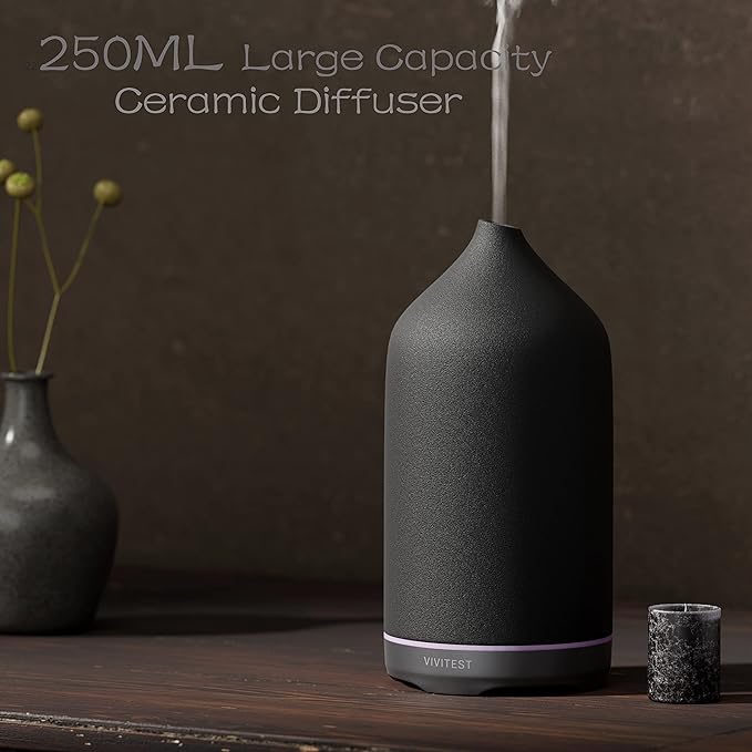 VIVITEST Diffusers for Essential Oils,Stone Oil Diffuser,Ceramic Essential Oil Diffusers Black for Home (250ML)