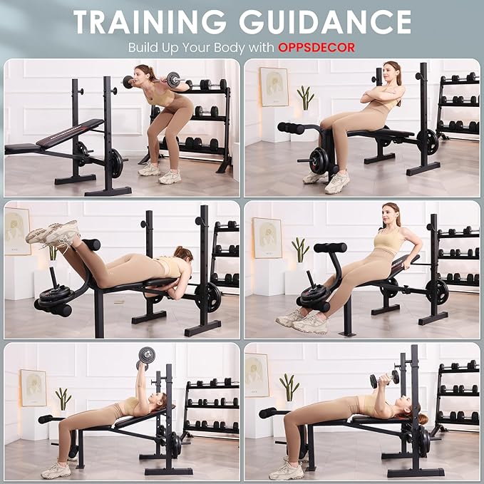 OPPSDECOR Weight Bench Set, Multi-Function Adjustable Bench Press with Squat Rack Leg Extension & Leg Curl Workout Bench Foldable Workout Bench Flat/Incline/Decline Upgrade Weight Benches for Home Gym