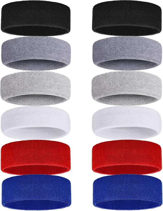 Bememo 12 Pcs Sweatbands Sport Headbands for Men & Women Basketball Headband Sport Competitions Sweat Headbands Running Terry Cloth Moisture Wicking for Yoga,Tennis,Gym,Exercise