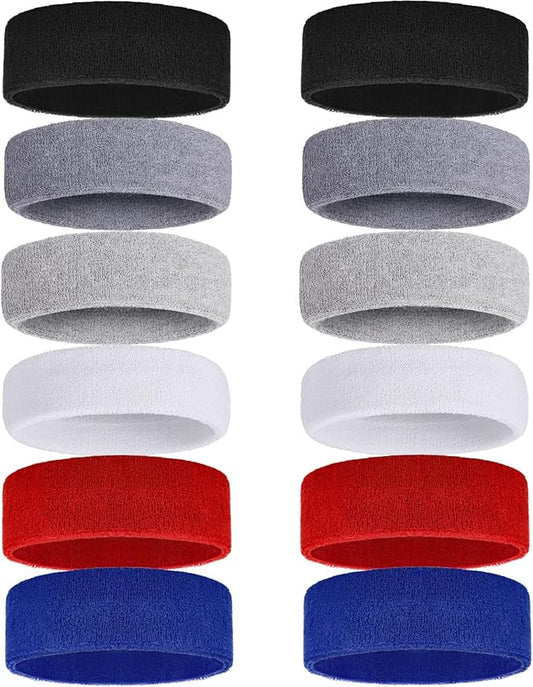 Bememo 12 Pcs Sweatbands Sport Headbands for Men & Women Basketball Headband Sport Competitions Sweat Headbands Running Terry Cloth Moisture Wicking for Yoga,Tennis,Gym,Exercise