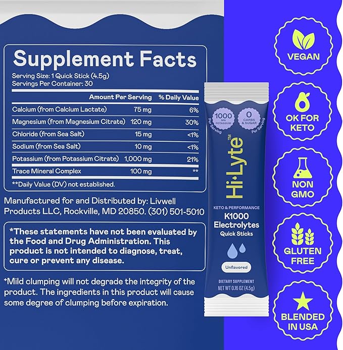 Hi-Lyte K1000 Electrolytes Sticks Unflavored Keto & Performance, 30 Servings
