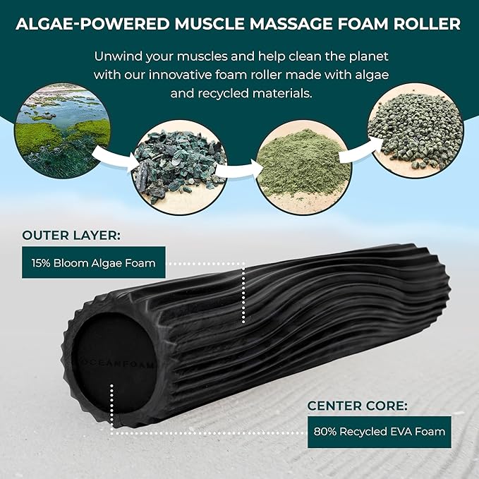 Oceanfoam Soft Tidal Roller (Black & Charcoal Marbled) - Low Density Foam Roller for Physical Therapy, Back Pain, Exercise & Stretching - Wave Textured - Yoga & Wellness - Full Size, 20" x 5"