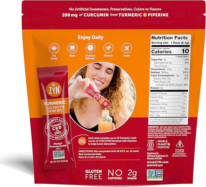 ZYN Electrolytes Powder Hydration Packets with Vitamins, Zinc & Turmeric - Low Sugar Electrolyte Drink Mix Packets with Piperine, Mango Pomegranate, 16 Pack