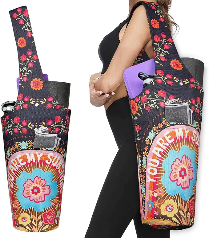 Fashion Printed Yoga Mat Bag with Large Side Pocket & Zipper Pocket Long Tote Yoga Bag Fit Most Size Mats - Holds More Yoga Accessories