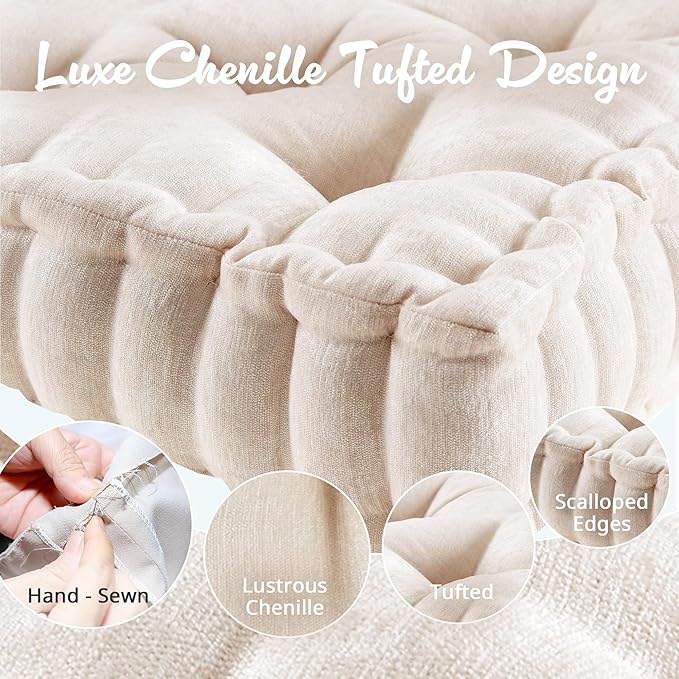 Intelligent Design Azza Floor Pillow, Large Cushions Sitting for Adults, Floor Pillow for Meditation or Yoga, Lustrous Chenille Tufted with Scalloped Edges for Bench/Chair Cushion, 20"x20"x5" Ivory