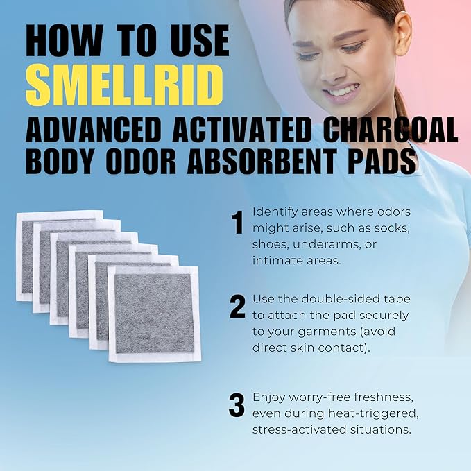 SMELLRID Activated Charcoal Odor Absorbent Pads – 12 Unscented Adhesive (4"x4") Charcoal Pads for Body Odor, Shoes, Underwear & On-the-Go Odor Eliminator