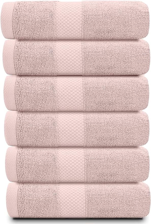 White Classic Luxury Hand Towels | Cotton Hotel spa Bathroom Towel | 16x30 | 6 Pack | Pink