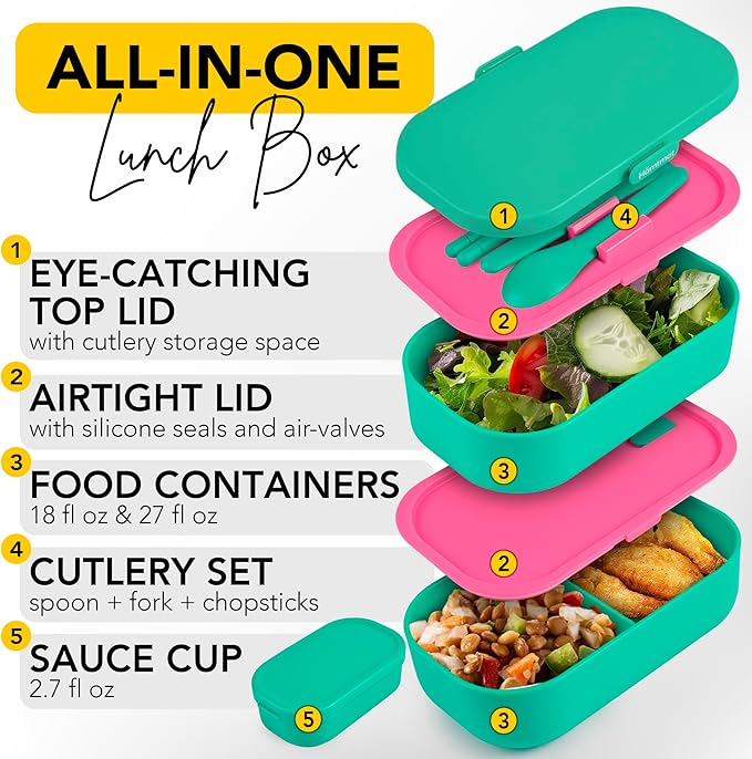 Insulated Stackable Bento Box for Adults with Reusable Chopsticks Japanese Lunch Box Microwavable & Leak Proof Lunch Containers for Men & Women Modern Cute Food Container with Compartments (Turquoise)