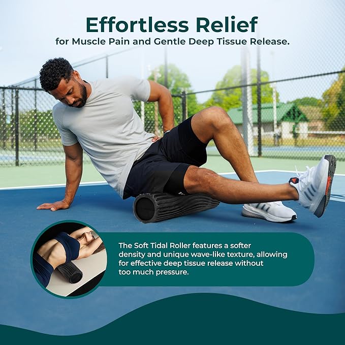 Oceanfoam Soft Tidal Roller (Black & Charcoal Marbled) - Low Density Foam Roller for Physical Therapy, Back Pain, Exercise & Stretching - Wave Textured - Yoga & Wellness - Full Size, 20" x 5"