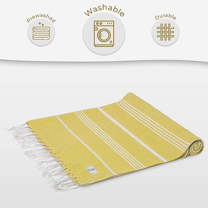 Turkish Beach Towel Quick Dry & Absorbent Oversized (39" x 71") - Compact, Versatile and Functional as Yoga Mat, Picnic Blanket, Travel Blanket, Bath, Camp and Shower Towel - Yellow
