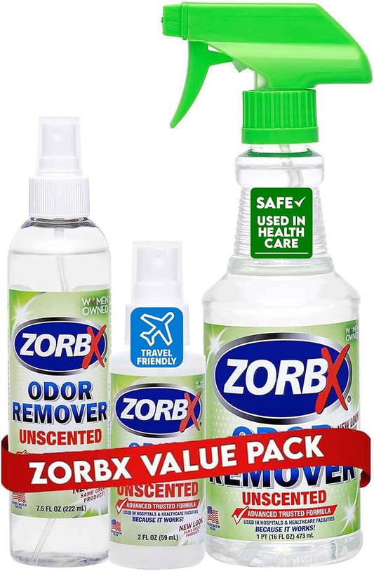 ZORBX Unscented Odor Eliminator for Strong Odor 3 items Bundle: 16 Oz + 7.5 Oz + 2 Oz - Used in Hospitals & Healthcare Facilities - Fast-Acting Odor Remover Spray for Dog, Cat, House & Carpet