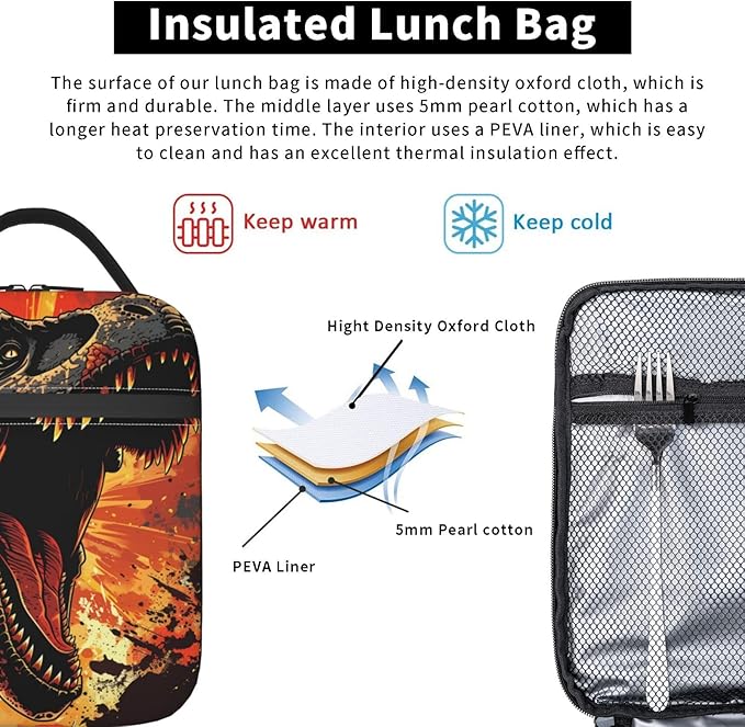 Lunch Box for Women Men, Cute Dinosaur Insulated Lunch Box Reusable Portable Lunch Bag Cooler Tote Waterproof Lunch Container for Office Picnic Work Travel Hiking