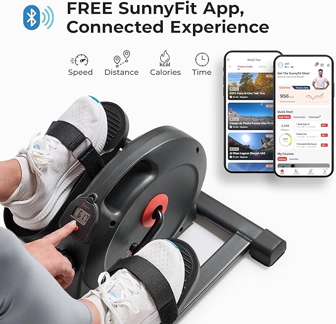 Sunny Health & Fitness Sitting Under Desk Pedal Exerciser, Portable Training Machine for Senior Exercise, Home Workout Elliptical & Bike, Optional Free SunnyFit App Connection, Motorized, or in Pink