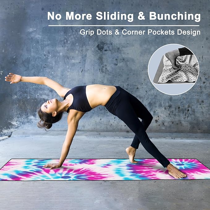 Colorful Star Yoga Towel with Corner Pockets, Non Slip Grip Dots Sweat Absorbent Hot Yoga Mat Towels, Yoga Blankets with Travel Bag, Mat Cover for Workout, Gym, Fitness - 70"x26", Pink Blue Tie-dye