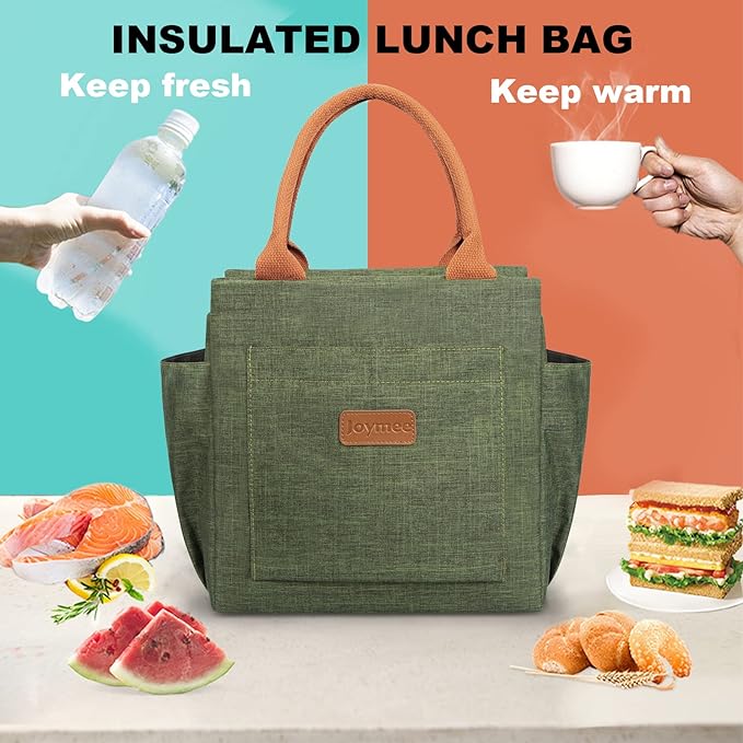 Joymee Lunch Bag Women Insulated Lunch Box Reusable Leakproof Large Spacious Cooler Tote for Womens Mens Adults with Bottle Holder and Side Pockets for Work Office Travel Picnic - Green