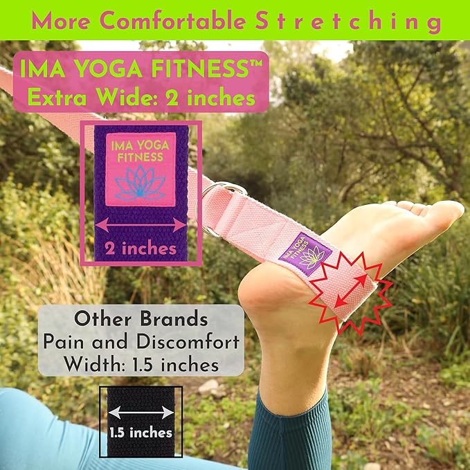 Adaptive Yoga Strap, Stretching Strap, 2 Inches Wide, 100% Naturally Soft Cotton, Steel D-Rings, Includes Natural Cotton Drawstring Storage Pouch and Instructional E-Book