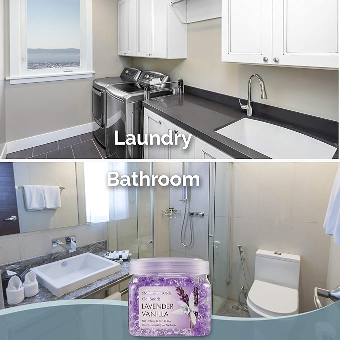 SMELLS BEGONE Odor Eliminator Gel Bead Value Pack - 72 oz - Air Freshener - Eliminates Odors in Bathrooms, Pet Areas, Boats, RVs & Cars - Made with Essential Oils - Lavender Vanilla Scent