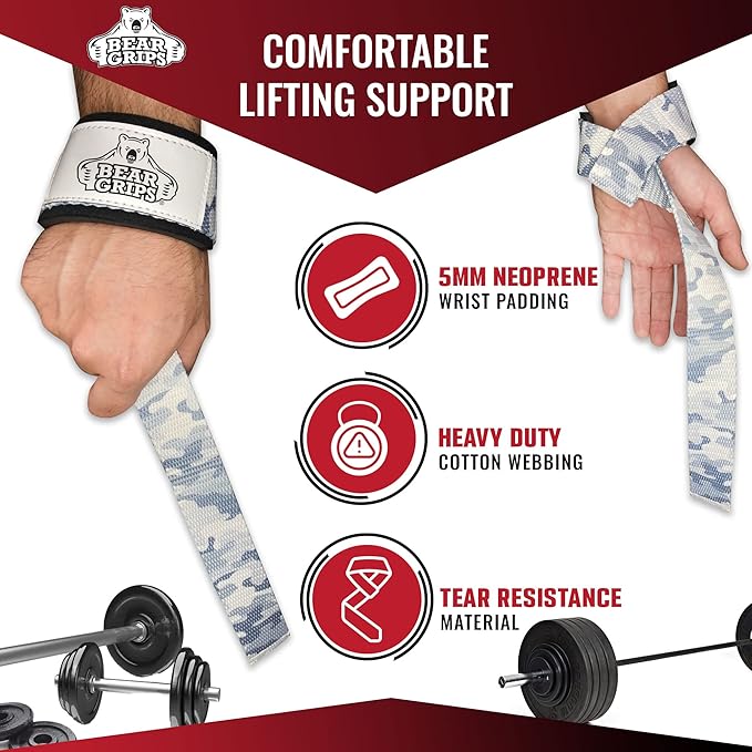 Bear Grips Lifting Straps - Gym & Weightlifting Straps for Men & Women, Deadlift Support, 2 Pairs