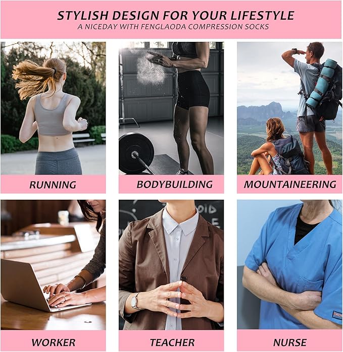 fenglaoda Compression Socks Women Men 6 Pairs, Knee High Best Support Circulation Socks for Running, Travel, Flight, Nurse