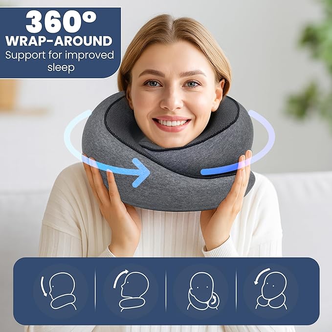 Premium Memory Foam Travel Neck Pillow for Airplane & Car – Updated Ergonomic Wrap-Around Design with Adjustable Strap, Washable Cover, Carry Bag & Sleep Mask– Travel Essentials for Men & Women