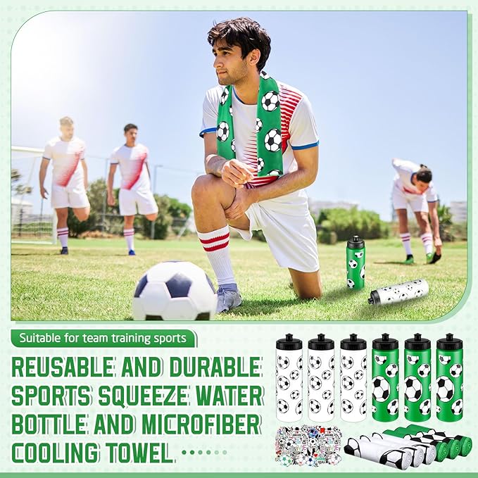 24 Pcs Soccer Water Bottle Soccer Cooling Towel Set with 50 Sticker Sports Party Favors Include 6 Reusable Sports Squeeze Water Bottle 6 Ice Towel Breathable Fast Drying for Team Gifts