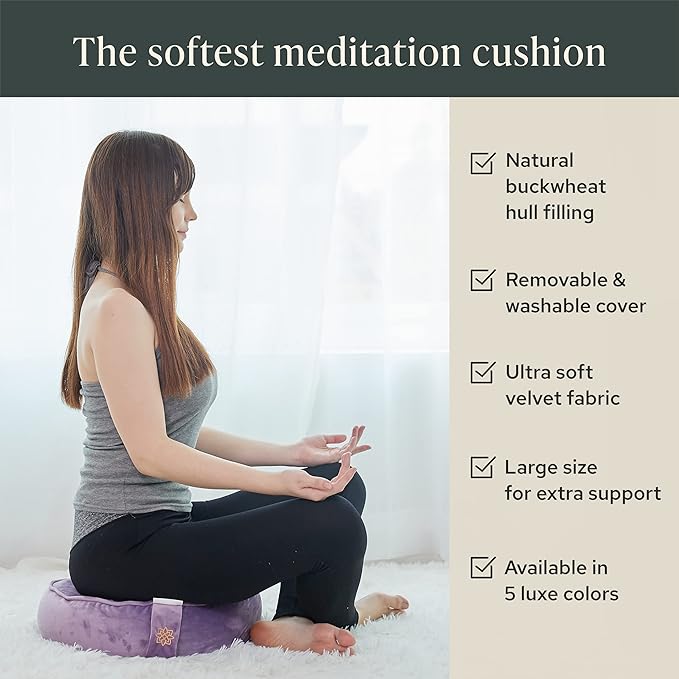 Mindful Modern Velvet Meditation Cushion | Luxe Zafu Yoga Floor Pillow Seat | Posture Support | Buckwheat Hull Filled | Large Round Cushion with Removable Washable Cover + Carry Handle