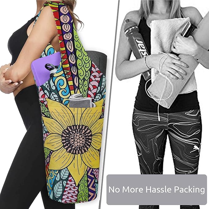 Fashion Printed Yoga Mat Bag with Large Side Pocket & Zipper Pocket Long Tote Yoga Bag Fit Most Size Mats - Holds More Yoga Accessories