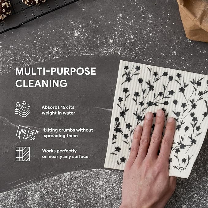 RECYCO Swedish Dishcloths for Kitchen | 5 Pack Geometric Washable Dish Rags | Cellulose Reusable Cleaning Paper Towels | Absorbent Counter Dish Cloth Sponge Kitchen Wipes, 8" L x 7" W