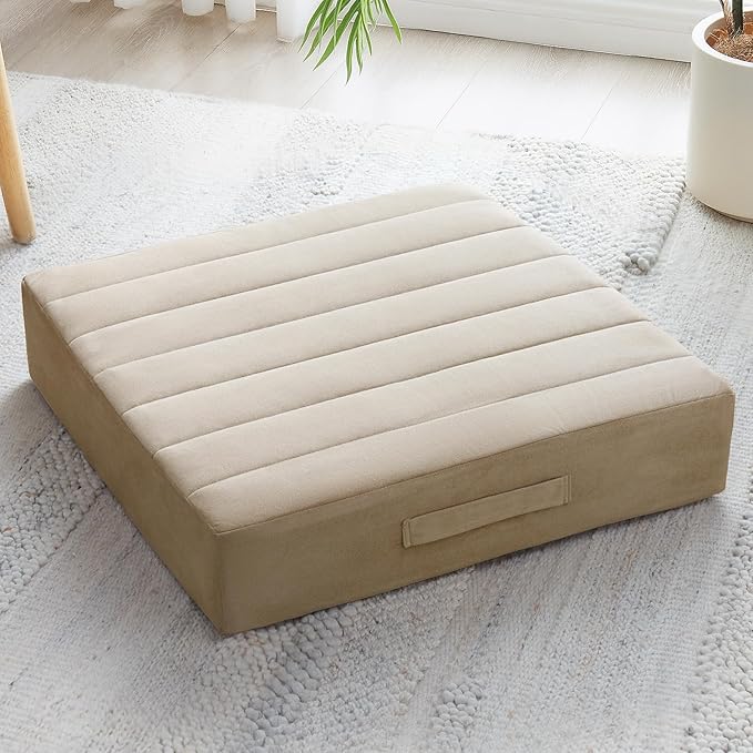 22 inches Floor Pillow for Adults - Large Meditation Cushion with Thick Foam & Soft Tufted Cover - Premium Outdoor Square Floor Cushion Seat - Yoga Pillows for Sitting On Floor - Khaki