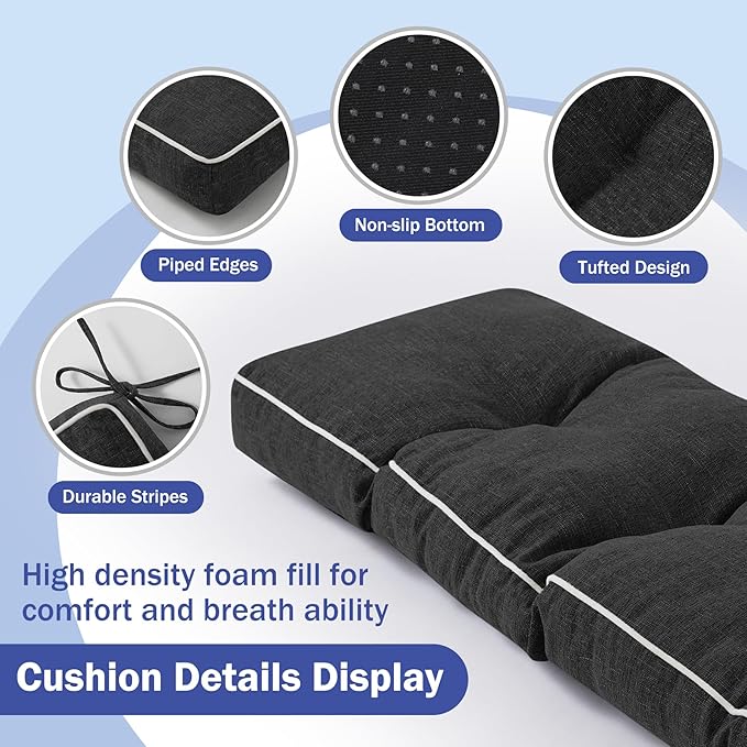 Bench Cushions for Outdoor Furniture, 36 x 14 Inch Outdoor Bench Cushion, Patio Bench Cushion with Durable Ties, Long Patio Seat Cushions for Garden, Indoor, Kitchen&Dining, Black