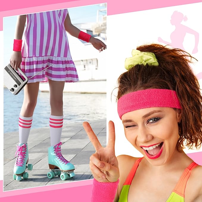 Hillban 80s Workout Outfit 80s Accessories for Women Men Neon Sweatbands Headbands for Tennis Volleyball Sport