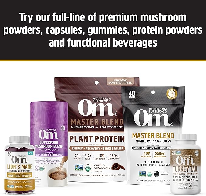 OM MUSHROOM SUPERFOOD Master Blend Mushrooms & Adaptogens, Creamy Vanilla Plant Protein, Single Serve, 10 Count, 10 Mushroom Complex, Lion's Mane, Ashwagandha, Stress Relief, GLP-1 Support