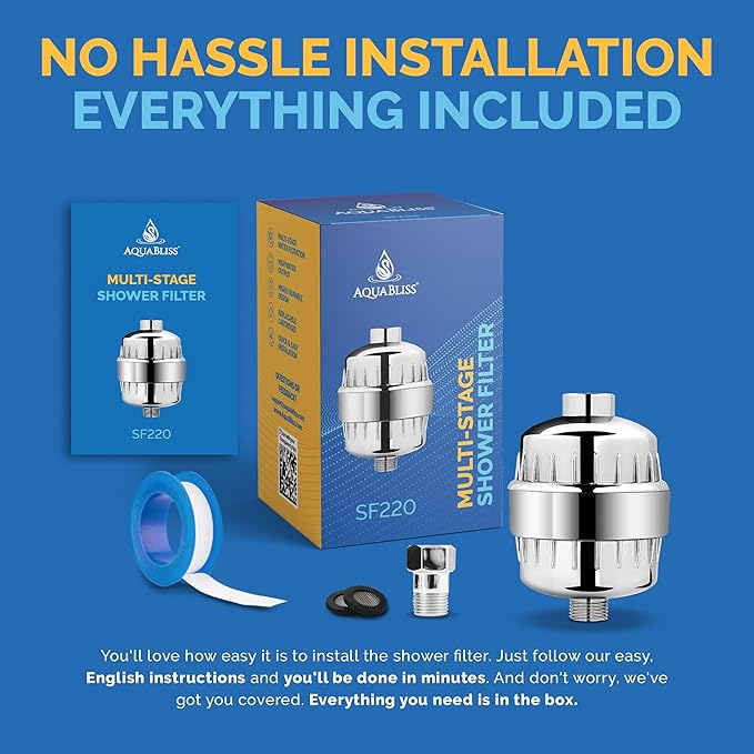 AquaBliss High Output Universal Shower Filter with Replaceable Multi-Stage Filter Cartridge – Transform Itching, Eczema & Acne into Glowing Hair, Nails & Skin Fast - Chrome (SF220)
