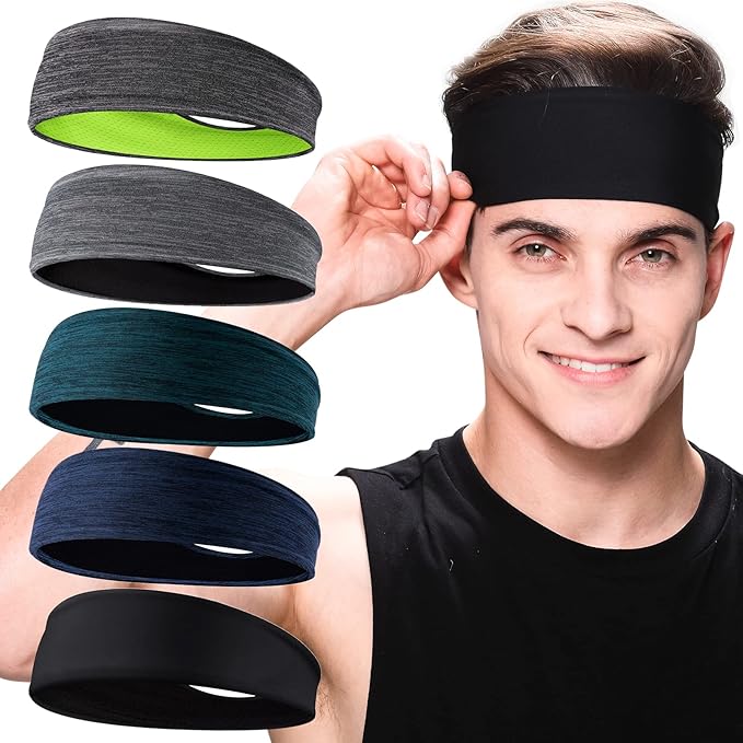 Braylin 5-Pack Breathable Sport Headbands for Men, Sweat-Wicking, Elastic Stretch