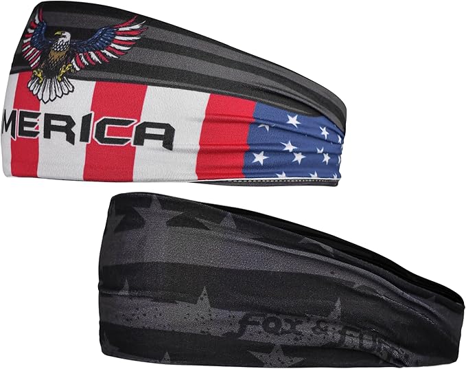 Reversible Patriotic USA Headband β 2 Styles in 1: Eagle Print on One Side & Matte Black American Flag on The Other β Non-Slip Stretch Fit for Gym, Sports, Men & Women