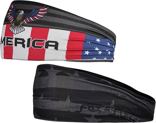 Reversible Patriotic USA Headband – 2 Styles in 1: Eagle Print on One Side & Matte Black American Flag on The Other – Non-Slip Stretch Fit for Gym, Sports, Men & Women