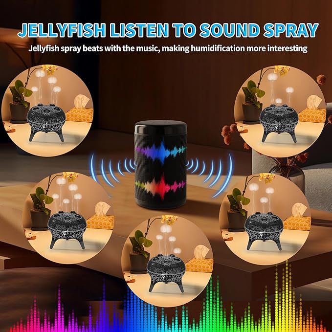 BOHOFAM Jellyfish Essential Oil Diffuser 250ML,Aroma Diffuser Hears Sound to Spray Dancing Jellyfish Mist,7 Colorful Lights, 4 * 10ML Hotel Collection Diffuser Oils Scents for Home Bedroom(Black)