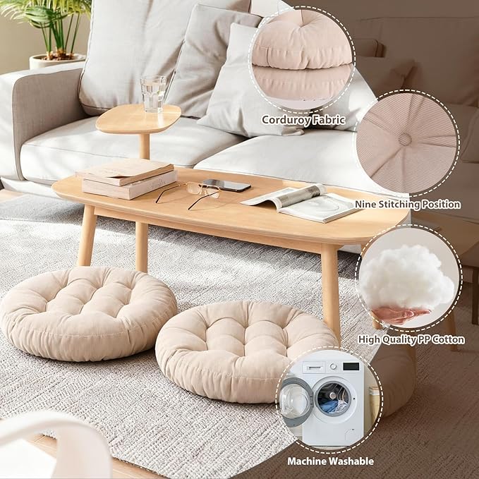 Tiita Floor Pillow Cushion, 22 inch Round Seat Cushion, Outdoor Floor Pad, Meditation Cushion for Yoga Living Room Sofa Balcony, Beige