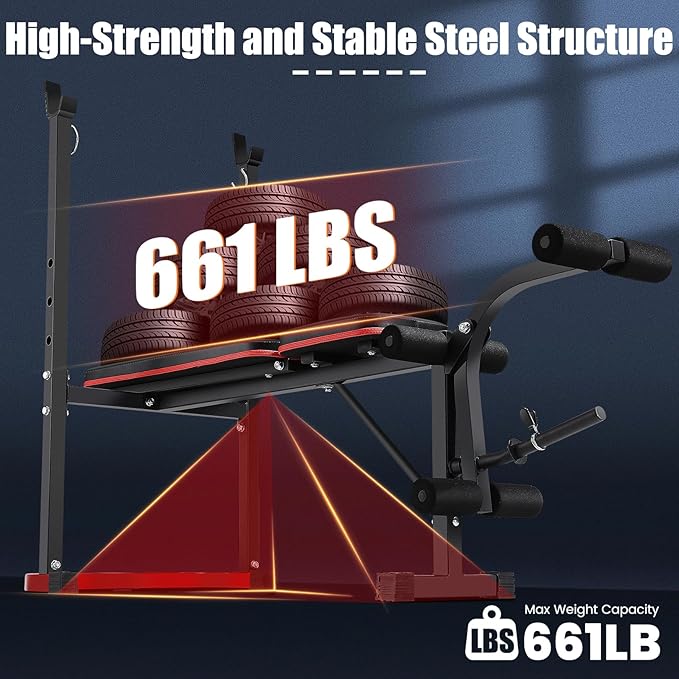 OPPSDECOR 661LBS Weight Bench Set, 8 in 1 Adjustable Bench Press with Squat Rack Leg Extension & Leg Curl Workout Bench with Safety Bar Catches Standard Weight Training Benches for Home Gym