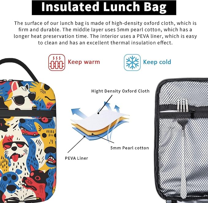 Insulated Lunch Box for Women Men, Dog Lunch Box Reusable Portable Lunch Bag Cooler Tote Waterproof Lunch Container for Office Picnic Work Travel