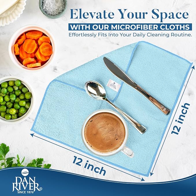 DAN RIVER 24-Pack Blue Microfiber Towels โ Ultra Absorbent, Lint-Free & Streak-Free wash Cloths Kitchen for Home & Car - Must-Have Cleaning Essentials - 12" x 12"