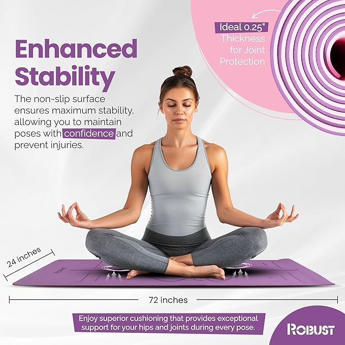 Robust Non-Slip Yoga Mat with Strap, 1/4" Thick TPE Eco-Friendly Workout Mat for Yoga with Position Lines and Texture Surface, Gym Mat for Women, Men, Pilates and Exercises Anti-Tear Sweat-Proof Exercise Mat