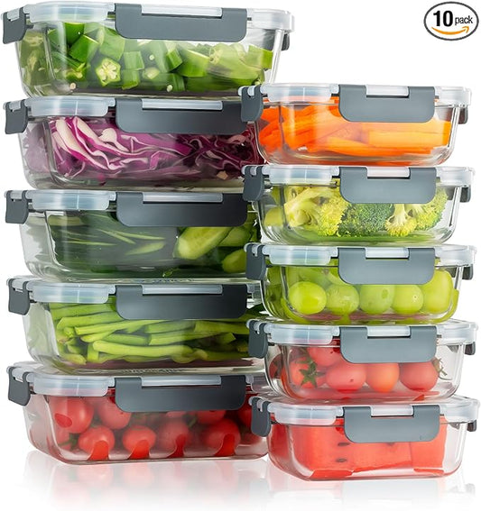 10-Pack Meal Prep Containers with Snap Locking Lids, Glass Airtight Lunch, Food Storage Containers, Microwave, Oven, Freezer and Dishwasher Friendly, Gray